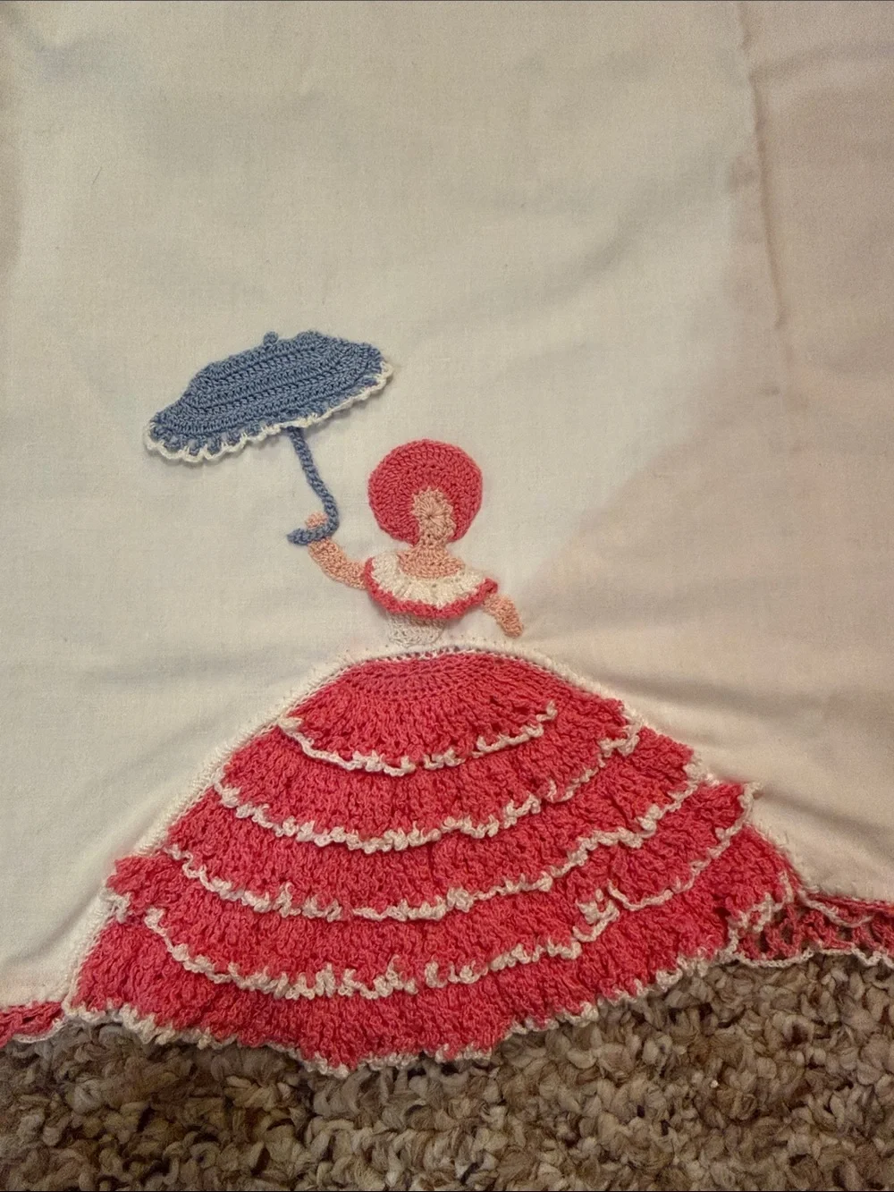 Embroidered White Cotton Bedding Throw with Pink Lady Motif